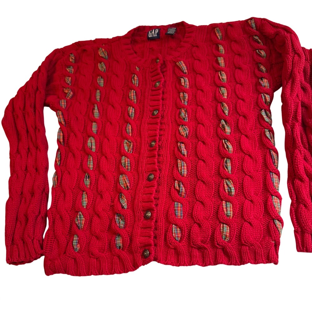Vintage 90s GAP XL Red Cable Knit Cardigan Sweater Plaid Ribbon Weave 100% Cott - Picture 2 of 10